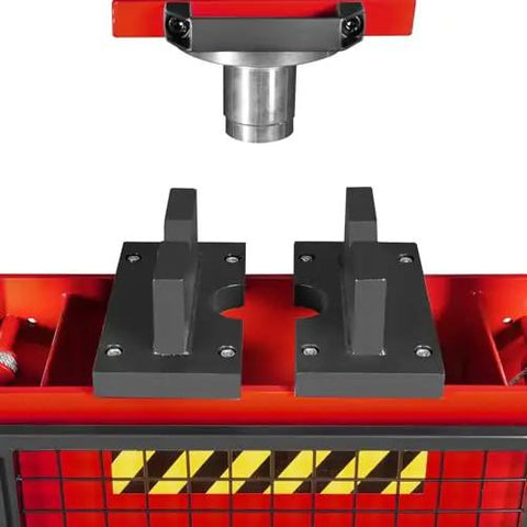 Close-up view of Beefy 30 Ton H Frame Air Hydraulic Shop Press With Hand Winch And Pin Kit Fully Welded Steel Frame Safety Guard