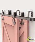 Black Rustic Double Track U Shape Bypass Sliding Barn Door Hardware Kit For Two Doors With 8 Foot Flat Track Anchor Rollers