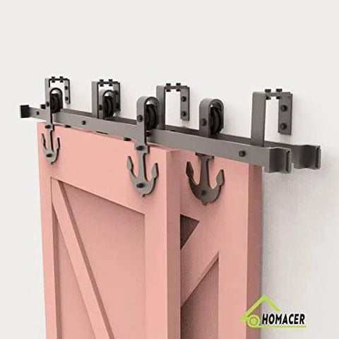 Black Rustic Double Track U Shape Bypass Sliding Barn Door Hardware Kit For Two Doors With 8 Foot Flat Track Anchor Rollers