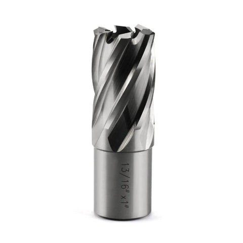 Annular cutter with Weldon shank, 13/16 in diameter; for magnetic drill press; silver steel with spiral teeth.