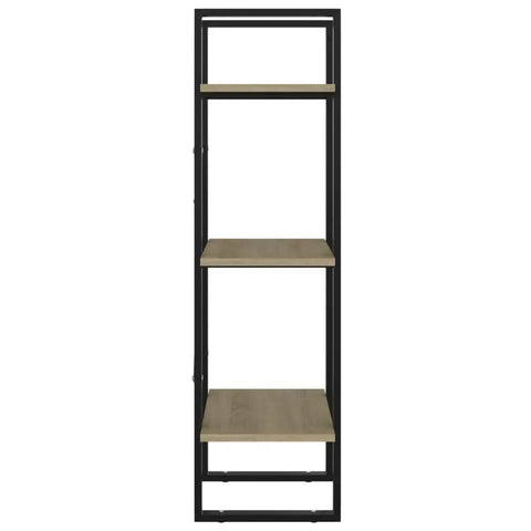 Three Tier Industrial Book Cabinet In Sonoma Oak And Black Finish, narrow wood and metal display shelf with three shelves.