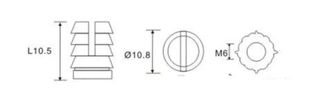 Technical diagram of Heavy Duty M6 Nylon Pre-Insert Nut Barrels for cabinets and cupboards dimensions