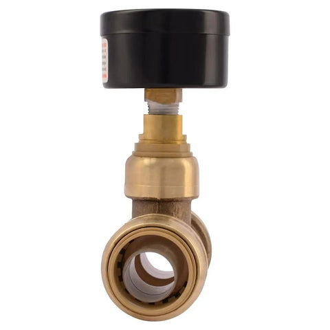 Front view of Your Go-To Three Quarter Inch Push To Connect Pressure Gauge Tee Brass Plumbing Fitting for PEX Copper CPVC PE-RT HDPE