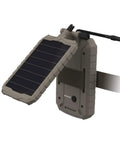 Sol Pak Solar Battery Pack For Trail Cameras 12V Rechargeable Li Ion 5000mAh Power Kit with insulated cable shown with solar panel angled.