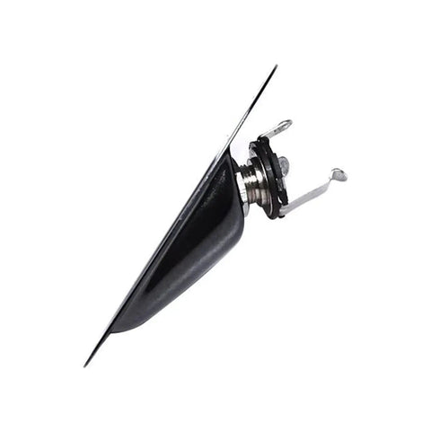 Badass Black Boat Style Guitar Output Jack Plate With A Smooth Quarter Inch Plug angled view highlighting the socket and mounting hardware.