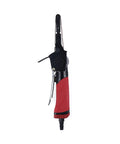 Lightweight Kickass Mini Pneumatic Belt Sander With Adjustable Angle Design Slick Air Powered Metal Polisher High Efficiency Precision Edge Grinder For Shop Jobs, side view with red grip.