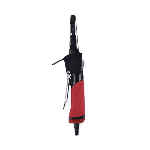 Lightweight Kickass Mini Pneumatic Belt Sander With Adjustable Angle Design Slick Air Powered Metal Polisher High Efficiency Precision Edge Grinder For Shop Jobs, side view with red grip.