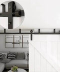 Four To Thirteen Feet Ceiling Mounted Barn Door Sliding Hardware Kit with anti rust rails and carbon steel rollers installed in living room