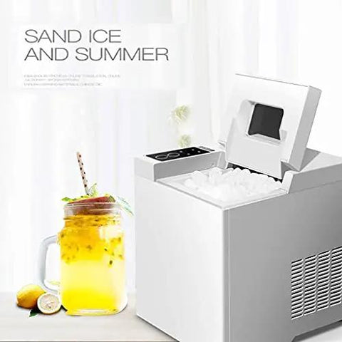 Premium Stainless Steel Freestanding Ice Maker Cranks Out Thirty Three Pounds Bullet Ice Daily With Slick Touch Panel, filled with ice.
