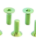 Top Shelf M3 Gr5 Titanium Countersunk Screws Hex Socket Flat Head Fasteners Built Tough Corrosion Resistant Hardware Real Deal Smooth Threads Five Pack Green, six screws in green color.