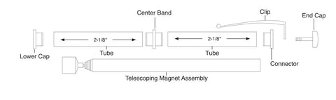 Diagram of Telescoping Magnetic Pickup Tool Kit For Woodturning Projects with labeled parts including tubes, caps, and connector.