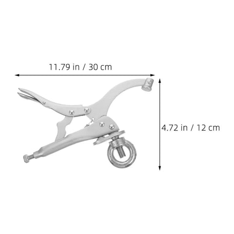 Heavy Duty Drill Press Clamp For Woodworking And Welding Jobs, Carbon Steel Vise Hold Down Fixture showing dimensions 11.79 in x 4.72 in.
