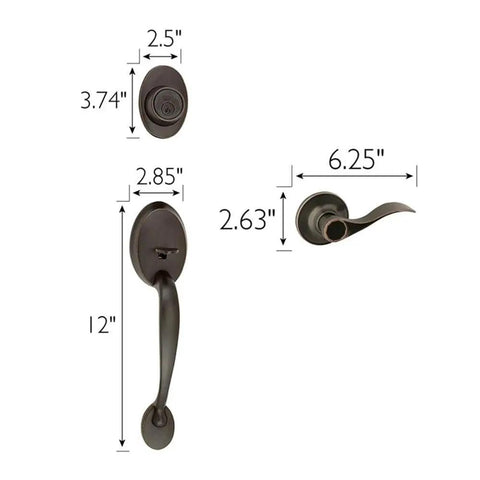 Oil Rubbed Bronze Entry Door Handleset with 12 Inch Vertical Handle and Single Cylinder Deadbolt dimensions shown