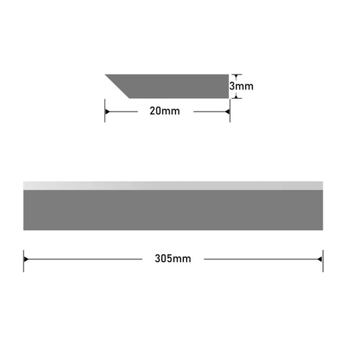 Pro Grade 12 Inch Planer Blades And Thicknesser Knives 3 Pack Reversible Hss Steel woodworking tools dimensions showing 305mm x 20mm x 3mm.