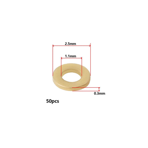 50 Pcs M1.0 Brass Washers Flat Copper Sealing Washers Gaskets for electronics, hardware, lighting, furniture; dimensions shown.