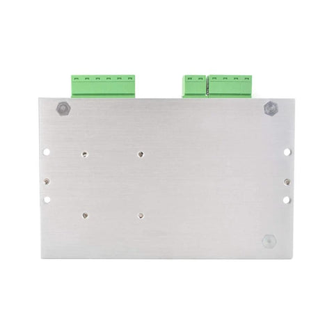 Aluminum CNC stepper motor driver module with two green terminal blocks on top.