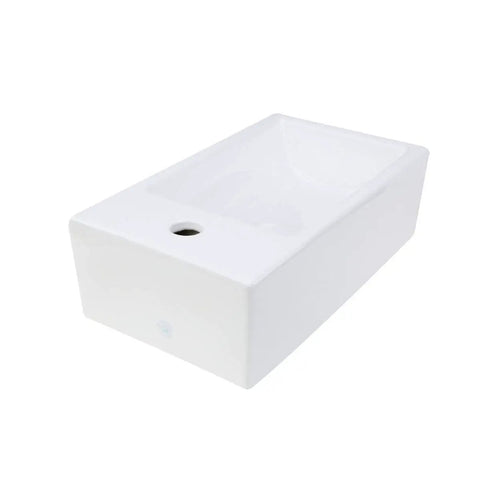 Rectangular White Ceramic Vessel Sink For Countertop Install With RenoGloss Finish, Overflow, 17.85 Inch Wide By 9.44 Inch Deep, Vitreous China Slick Modern Bathroom Vessel Sink, 5.5 Inch Height, Single Hole Faucet Ready, Drain And P Trap Not Included in side angle view