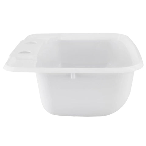 Side view of Compact Rectangle RV Sink For Small Camper Bathrooms Single Bowl Lavatory Basin In White Plastic Fits Most RV Vanities Includes Drain Stopper And Hardware