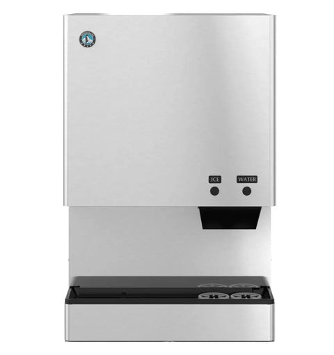 Heavy-Duty Commercial Nugget Ice Maker, Air Cooled Stainless Steel Exterior, front view with ice and water dispensing controls.