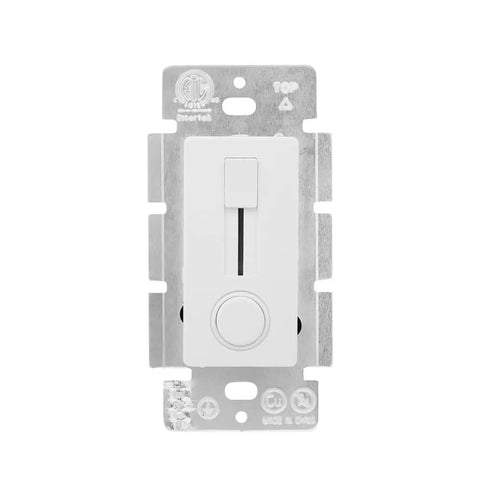 Hassle Free 12 24V DC Dimmer Switch For Single Color LED Strip Lights With Slick Vertical Slider Wall Mount Panel front view.