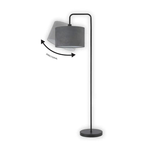 Barden 58 Inch Floor Lamp in Black Finish With Dark Gray Velvet Shade Rotary On Off Switch Sleek Minimalist Bridge Arm Lighting