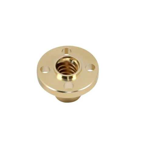 Close-up of a brass T8 nut for 8mm lead screw with 2mm pitch, 4 starts, part of 4 Pack T8 Brass Nut For 8mm Lead Screw, ideal for 3D printer Z axis.