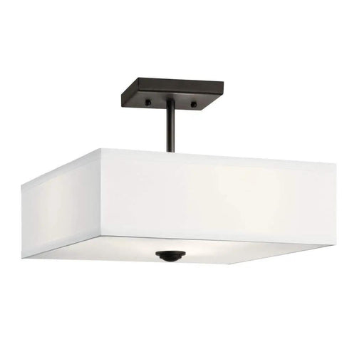 Three Light Square Semi Flush Mount In Olde Bronze With Satin Etched White Diffuser And White Microfiber Shade Ideal For Bedrooms Hallways And Low Ceiling Spaces, side view with white shade and bronze finish.