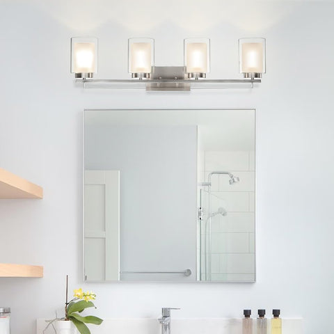 Lit 4 Light Vanity Light With Dual Glass Shades In Brushed Nickel Hardwired Wall Mount Indoor Modern Bath And Kitchen Fixture