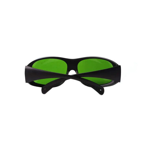 Front view of Pro Level Laser Safety Glasses Built For 980Nm 1064Nm And 1320Nm Lasers with green lenses and black frame.