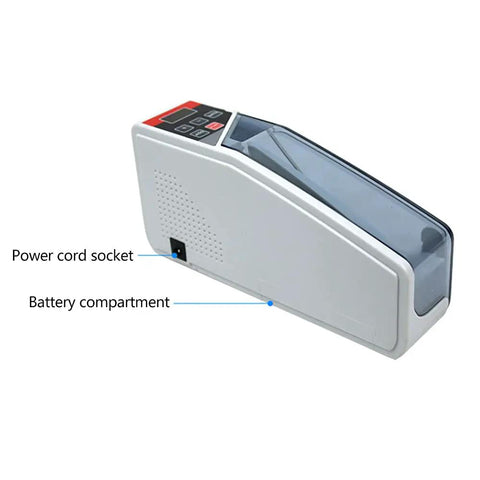 Portable Money Counter With LED Display And Batch Mode power cord socket and battery compartment view