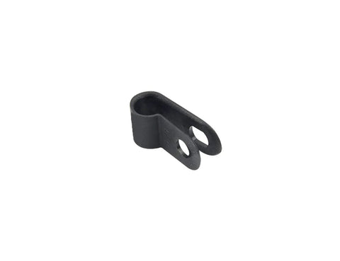 Close-up of a black plastic R-type clip from 200 Piece 1/4 Inch Nylon Cable Clamps Assortment Kit, ideal for wire management.