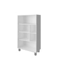 White six-shelf narrow storage cabinet, scratch resistant, for living room and kitchen. Space-saving tall bookshelf organizer.