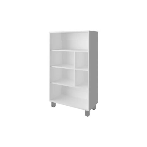 White six-shelf narrow storage cabinet, scratch resistant, for living room and kitchen. Space-saving tall bookshelf organizer.