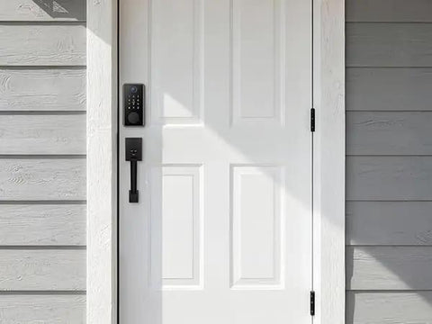Super Slick Smart Door Lock Handle Set Delivering Breezy No Fuss Keyless Entry With Fingerprint Scan App Control And Easy Apple Watch Sync for white door.