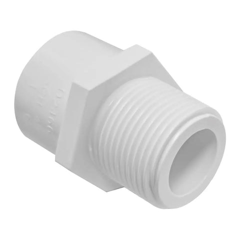 3/4 Inch White 2-Way SCH40 PVC Male Adapter Pipe Fitting with external thread, corrosion resistant, close-up view