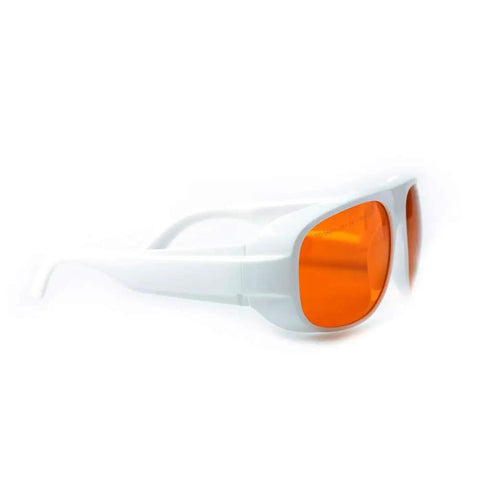 Top Shelf Heavy Duty Laser Safety Glasses Shielding Eyes From 532 Nanometer And 1064 Nanometer Beams With High Optical Density Rating For Lab And Workshop Use Straight Up Badass Eye Protection, side view with orange lenses.
