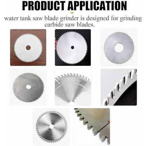 Hardcore Electric Circular Saw Blade Sharpener And 550W Rotary Grinder For Carbide Tooth Regrinding With Rock Solid Construction And No Sweat Operation For Any Garage Setup showing various carbide saw blades.
