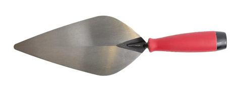 London Style Brick Trowel 12 X 5 Inch with Soft Grip Handle Pro Grade Masonry Tool built to last, shown with durable steel blade and red handle.