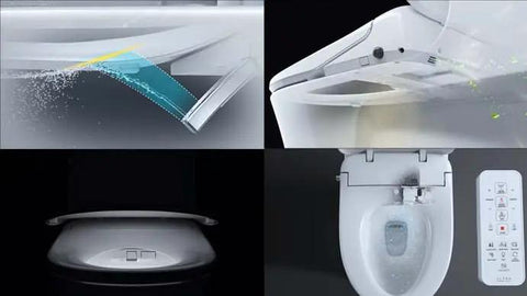 Detailed view of Top Shelf Elongated Bidet Toilet Seat In Crisp White with self-cleaning nozzle and control panel.