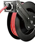 Three Eighths Inch By Fifty Foot Auto Retracting Rubber Air Hose Reel with adjustable hose stopper and auto latch mechanism.