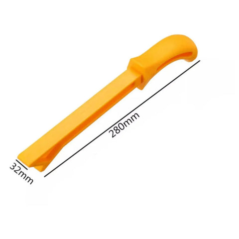 Yellow woodworking push stick with ergonomic handle, 280mm x 32mm, from the Four Piece Pro Grade Woodworking Push Stick Set For Table Saws Router Tables And Band Saws Yellow Adjustable Push Blocks For Safer Carpentry And Precise Narrow Cut Control.