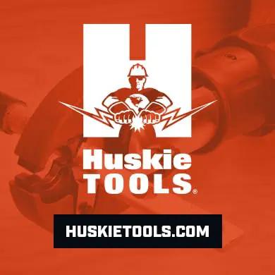 Huskie Tools logo featuring a person operating a heavy duty hydraulic bolt cutter against an orange background.