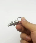 Top Tier Stainless Steel 304 Plunger Springs And Pull Locking Pins Built Tough For Heavy Duty Jobs No Rust Hassle Straight Shot Install Ready To Rock 4 Pack M10 Metric - Stainless steel pull pin held in hand.
