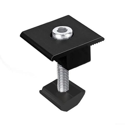 Close-up of Built Like A Tank Black Aluminum Solar Module Mounting Kit with Center End Clamp, premium stainless steel screw.
