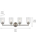 Winslow 30 Inch Vanity Light In Brushed Nickel Four Light Clear Seeded Glass Bath Fixture measuring dimensions for wall installation.
