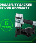 Pro-Grade Pneumatic Roofing Nailer For Asphalt Shingles, heavy duty side view, 5-year warranty highlighted.