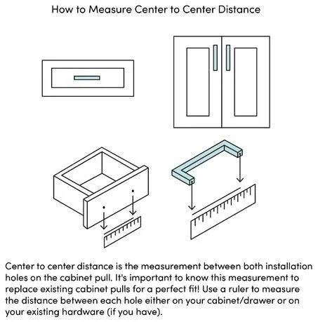 Illustration showing how to measure center to center distance for cabinet pulls, using a ruler between installation holes on drawers and doors.