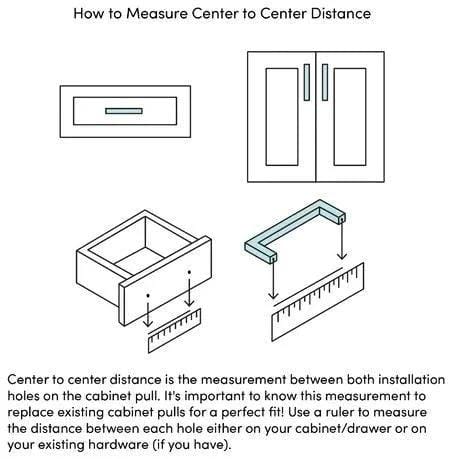 Diagram showing how to measure center-to-center distance for cabinet pulls with ruler and installation guide.
