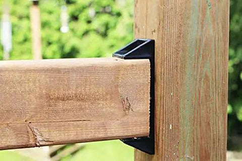 Top Shelf Heavy Duty Privacy Fence Brackets For Standard 2x4 Wood Railings Pre Drilled Galvanized Steel 8 Pack installed on wood post.