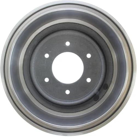 Front view of Centric C-Tek rear brake drum, gray metal with five lug holes